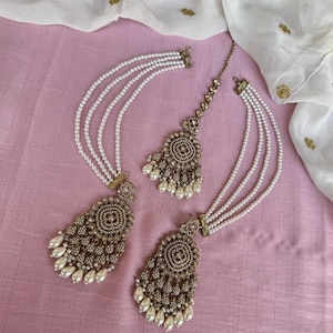 Sahare With Earring And Tikka /Gold Kundan Pearl Chain/Pearl Kaan Chain/Earring Support Chain/Indian Jewelry/Pakistani Jewelry/Jhumka Chain