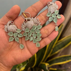 Victorian finish Diamond pendant set / CZ pendant chain necklace set / Emerald and White CZ pendant set