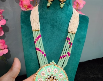 Pre Order Emerald Long Peacock Mala Set, Rani Haar, Indian Long Necklace, Indian Jewelry, Long Kundan Necklace, Green Long Mala Necklace