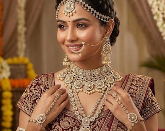 Green Emerald Indian Kundan Complete Bridal Jewelry Set, Wedding Necklace Maala Mathapatti Jhumar Tikka Nath Full Indian Jewellery Pakistani