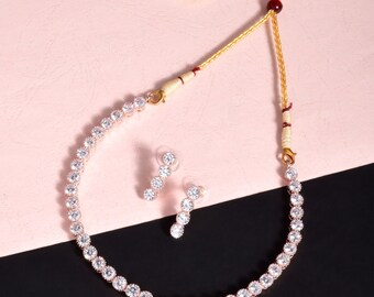 Indian Wedding Bridal White American Diamond Choker Necklace Set/ Sabyasachi Inspired AD Jewelry/Bollywood Punjabi Jewelry/ Golden CZ Set