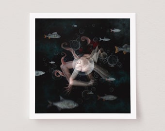 Surreal Photo Collage, Fine Art Print, Photography, Underwater, Woman with Fish, 'Underwater Blues'