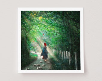 Small square fine art print 'The Way' (2022), 20 x 20 cm, colored photo collage, surreal photography, forest path, woman, green