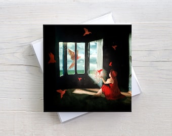 Artistic folding card with envelope, square, surreal art, birthday greeting card, women's pictures, special greeting card