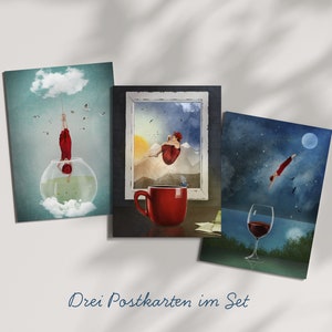 Set of 3 funny postcards, Din c6, surreal art, imaginative, illustration woman, coffee, red wine, dreams, invitation, poetic images