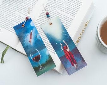 Special bookmarks in a set of 2 blue, handmade, small Christmas gift for book lovers, creatively illustrated, book accessories