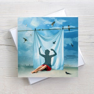 Kunst Karte zum Klappen mit Briefumschlag, quadratisch, surreale Bilder, Schatten Bilder, Vögel am Himmel, Bilder von Frauen, Ermutigung