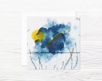 Greeting card, illustration, drawing, square, with envelope, birds, summer, rain, clouds, rainbow