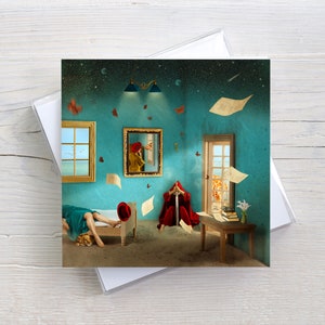 Fantasievolle Geburtstagskarte zum Klappen mit Umschlag, Haus am Strand, Frauen Bilder, Bilder für die Seele, surrealistische Motive