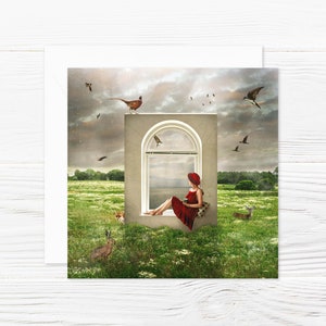 Colored folding card with envelope, square, summer, window, woman, animals, meadow, sky image 1