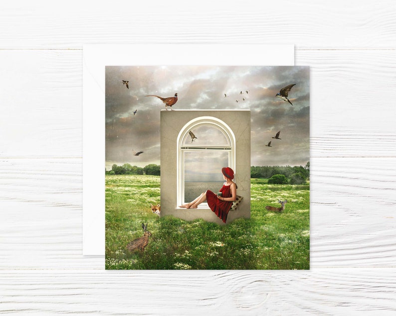 Colored folding card with envelope, square, summer, window, woman, animals, meadow, sky image 1