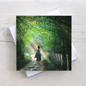 Grusskarte / Kunstkarte zum Klappen, mit Briefumschlag, quadratisch, Wald Bilder, Frau, Wege im Leben, Licht und Schatten, Bilder mit Masken