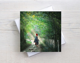 Greeting card / art card for folding, with envelope, square, forest, woman, life paths, light, illustration 'The Way to the Light'