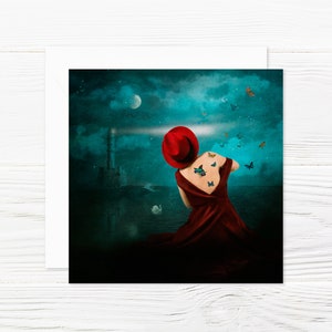 Illustrierte Karte mit Briefumschlag, quadratisch, inspirierende Kunst, Geburtstagskarte für Traumtänzer, poetische Bilder