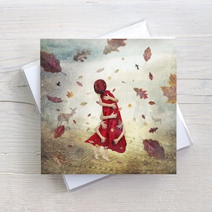 Quadratische Kunstkarte zum Klappen mit Umschlag, Herbst, Umarmung, Wärme schenken, Geburtstagskarte Frau, Weihnachten, Trost spenden