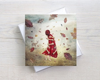 Square folding art card with envelope, autumn, hug, warmth, birthday, Christmas, woman