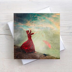 Kunstvolle Karte zum Klappen, Briefumschlag, Bilder mit Regenschirm, poetische Bilder, Gefühle ausdrücken, Regenbogen Farben, fantasievoll