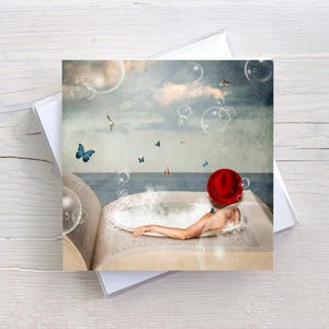 Inspirierende Faltkarte, mit Briefumschlag, Sommer Bilder, Leseratten, Buch Liebhaber, surreale Kunst, Strand Bilder, Seele baumeln lassen