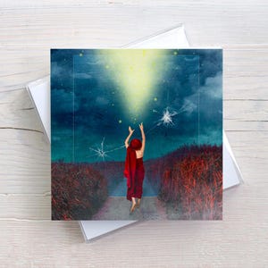 Sterntaler - Klappkarte, Kunstkarte, quadratisch mit Umschlag, Surrealismus Kunst, nach den Sternen greifen, Nacht Bilder, poetische Bilder