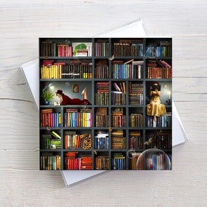 Kunstkarte für Bücherwürmer, quadratisch, mit Umschlag, für Leseratten, Buchliebhaber, surreale Bilder, Leselust, lesende Frau, Bild Bücher