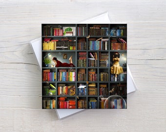 Art card for bookworms, square, with envelope, for bookworms, book lovers, surreal images, love of reading, woman reading, picture books