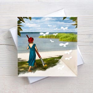 Malerische Sommer Karte, mit Kuvert, Sommerstimmung, besondere Geburtstagskarte für Frau, poetische Bilder, surreale Kunst, fliegende Vögel