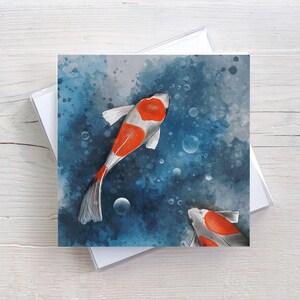 Koi Karpfen Faltkarte, handgezeichnete Bilder, mit Briefumschlag, besondere Geburtstagskarte, Tier Illustration, gemalte Bilder mit Fischen