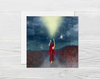 Art card, folding card, square with envelope, surreal, photo collage, reaching for the stars, 'Reaching to the Stars'