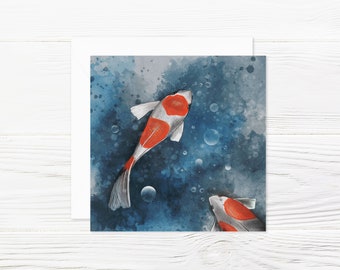 Folding card, square with envelope, birthday, hand drawn, peace and quiet, fish, koi carp