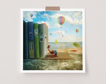 Art print woman reading on the beach, giclée print, Hahnemühle paper, 20 x 20 cm, gift for book lovers, pictures with books, pictures reading