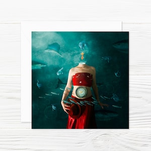 Inspirierende Kunstkarte, Faltkarte, quadratisch, mit Umschlag, Surrealismus Kunst, feminine Bilder, Frauen Bilder, Gefühle, Unterwasser