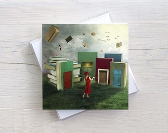 Illustrated folding card with envelope, square, for bookworms and book lovers, surreal images, women's images, reading