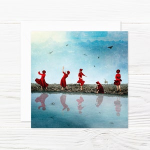 Kunstkarte / Klappkarte mit Umschlag, blau, rot, quadratisch, Tanz, surreal, Fotocollage 'Reflection'