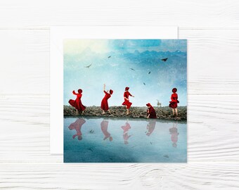 Fine Art Folding Card with Envelope, Blue, Red, Square, Mountain Lake, Dancing, Photo Collage 'Reflection'