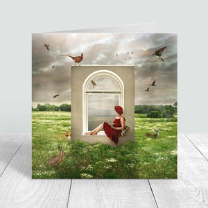 Colored folding card with envelope, square, summer, window, woman, animals, meadow, sky image 2