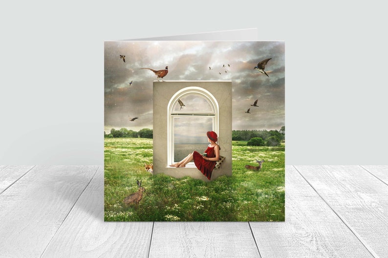 Colored folding card with envelope, square, summer, window, woman, animals, meadow, sky image 2