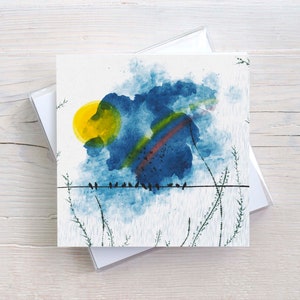 Faltkarte Sommerregen mit Briefumschlag, illustrierte Bilder, Geburtstagskarte Frau, Vögel am Himmel, Regenbogen, Natur Bilder, Aquarellbild