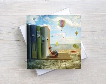 Inspirational folding card for bookworms and bookworms, square, with envelope, special greeting card, woman reading on the beach