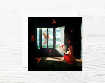 Dreamy photo collage, window, birds, square folded card with envelope, 'So Many Birds'