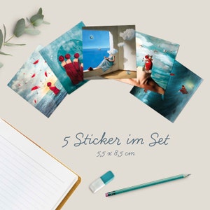 Set aus 5 Stickern, quadratische Aufkleber, surreale Bilder, Bilder von Frauen, Scrapbooking, Journaling, Mitbringsel, kleine Freude