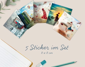 Sticker Set bunt, 5 Aufkleber, quadratisch, 8x8cm, Laptop Sticker, Journaling, Geschenkidee, surreale Bilder, Poesie, Frau, Emotionen,