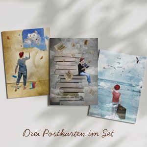 3 Postkarten im Set, Din c6, surreale Kunst, fantasievolle Motive, Foto Collage Art, inspirierende Illustrationen, Malerei, Lesen, Reisen