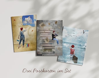 3 postcards in a set, Din c6, surreal art, imaginative motifs, photo collage art, inspiring illustrations, painting, reading, traveling