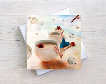 Folding card for coffee lovers, with envelope, surreal art, coffee love, funny postcards, everyday pictures, birthday invitation