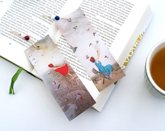 Special bookmarks in a set of 2 beige, small Christmas gift for bookworms, creatively illustrated, book accessories