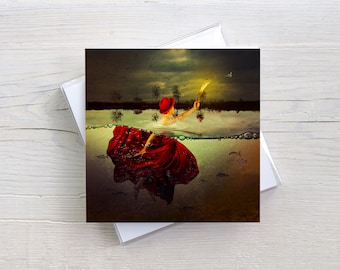 Imaginative folding card, square, with white envelope, surrealist photography, woman, light, hope, picturesque images, art