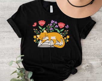 Cat Book Shirt, Floral Cat Shirt, Cat Lover Shirt, Cat Lover Gift, Gift for Her, Cat Mom Shirt Gift, Cute Cat Shirt