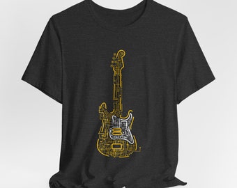 May include: A dark gray t-shirt with a graphic of an electric guitar made of circuit board lines. The guitar is outlined in yellow.