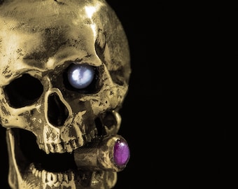 Memento Mori Skull with Cigar Ruby and Pearl Pendant