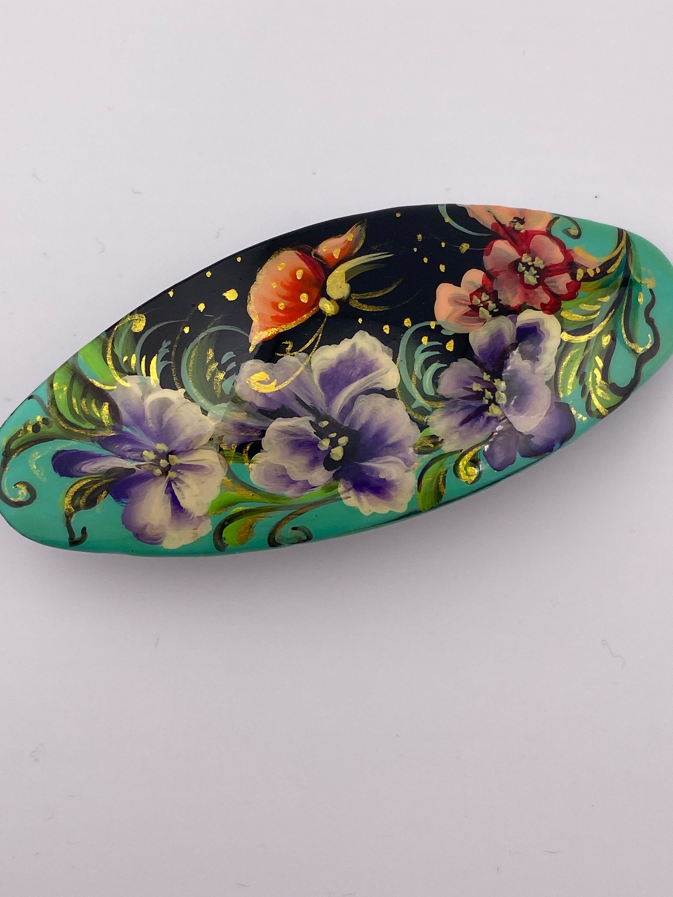 Painted Clips Artisan Hand Painted Oval Barrette Hair Clip With Purple Flowers - Etsy